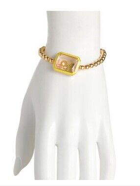 Kurt Geiger Gold-Tone Beaded Stretch Bracelet with Hexagon Rainbow LOVE Locket